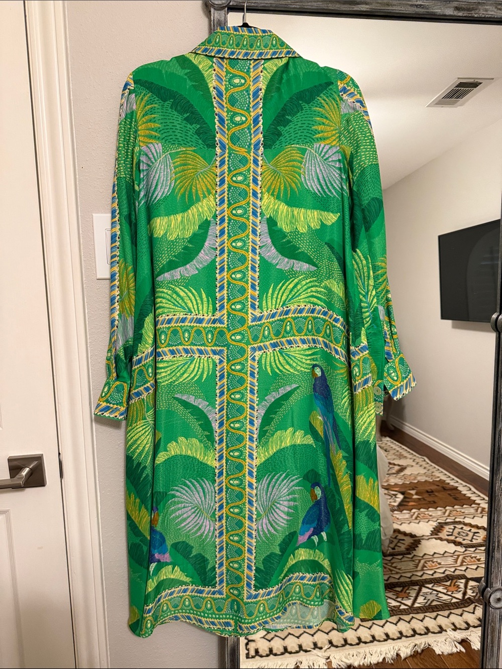Farm Rio Vibrant Silk Green Tropical Button-Front Shirt Dress - Picture 5 of 5